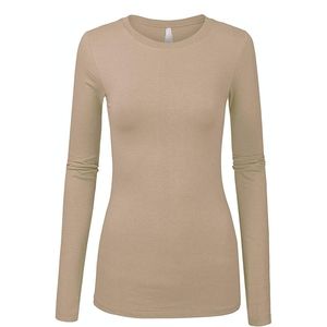 Round neck long sleeve solid beige fitted shirt